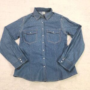 This & That pearl snap western denim jean shirt with rhinestones studs.